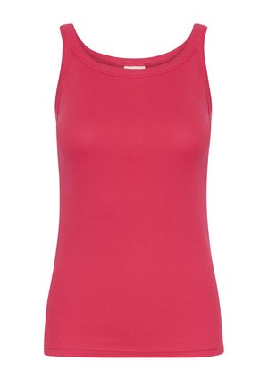 Süsinikroosa tank top, mis on valmistatud soonikust kangast. Omab ümmargust kaelust ja laiu õlgu. Sirge äärega vöökoht.