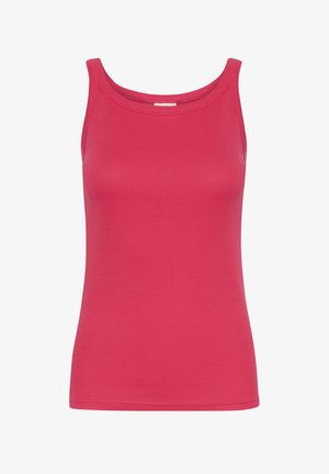 Súkaný ružový tielko vyrobené z rebrovanej látky. Má výstrih v tvare lopatky a široké ramenné popruhy. Priamy lem v oblasti pása.