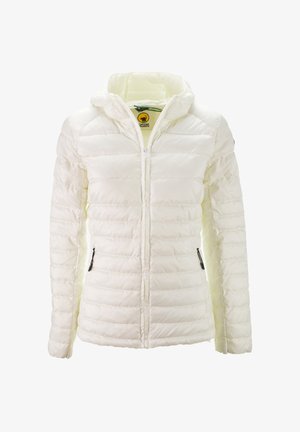 Giacca a vento bianca con imbottitura orizzontale, chiusura frontale con zip e cappuccio regolabile. Presenta tasche laterali con zip nere e foderatura gialla.