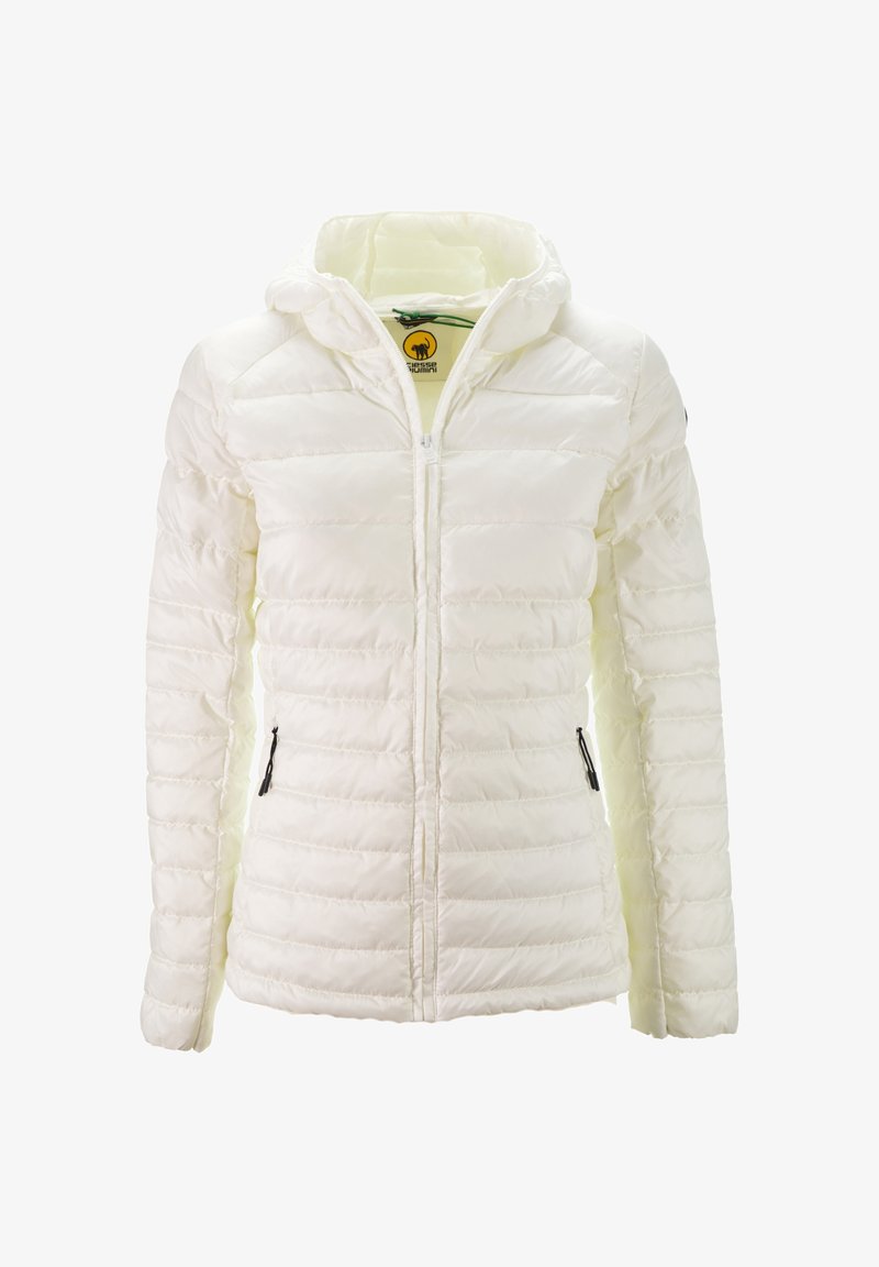 Giacca a vento bianca con imbottitura orizzontale, chiusura frontale con zip e cappuccio regolabile. Presenta tasche laterali con zip nere e foderatura gialla.