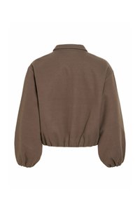 Veste courte marron avec manches longues bouffantes, poignets élastiqués et ourlet élastiqué, vue de dos sur fond blanc.