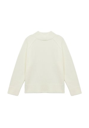Weißer Strickpullover mit hohem Rippkragen, Raglanärmeln und gerippten Bündchen. Weiche Textur und einfaches Design, geeignet zum Layering.
