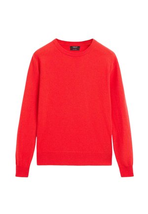 Maglione da uomo rosso brillante a girocollo con maniche lunghe e polsini e orlo a coste, realizzato in tessuto morbido.