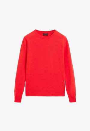 Maglione da uomo rosso brillante a girocollo con maniche lunghe e polsini e orlo a coste, realizzato in tessuto morbido.