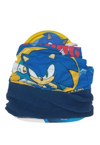 Collo di riscaldamento in pile blu con grafica di Sonic the Hedgehog. Il tessuto è morbido, con un design piegato che mette in evidenza colori vivaci e motivi audaci.