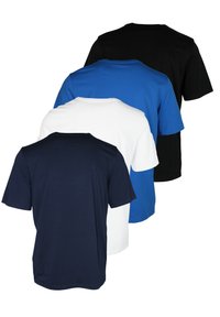 T-Shirts in einer Reihe von hinten gesehen, in Schwarz, Blau, Weiß und Marineblau, aus weichem Stoff mit einem Rundhalsausschnitt und kurzen Ärmeln.