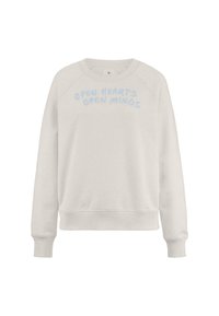 Sudadera gris claro con escote redondo y mangas raglán. Presenta un texto bordado en azul que dice "OPEN HEARTS OPEN MINDS" en el frente.