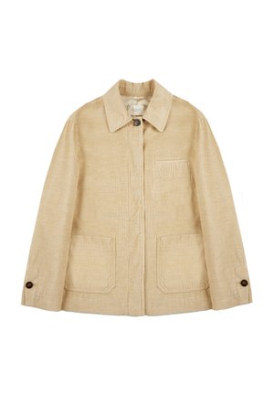 Beige corduroy jack met een kraag, twee voorzakken en knoopdetails op de mouwen. Heeft een verticale ribbeltextuur en een enkele borstzak.