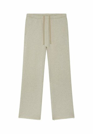 Pantalon de survêtement beige à jambes larges avec taille élastique et cordon de serrage à l'avant, doté de poches latérales et fabriqué en tissu doux mélangé de coton.