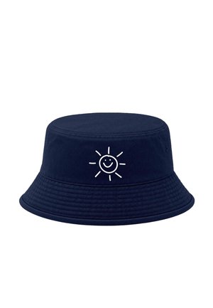 Navy blue bucket hat with a stitched smiling sun design on the front center, featuring a round crown and wide, stitched brim.