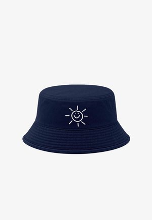 Navy blue bucket hat with a stitched smiling sun design on the front center, featuring a round crown and wide, stitched brim.