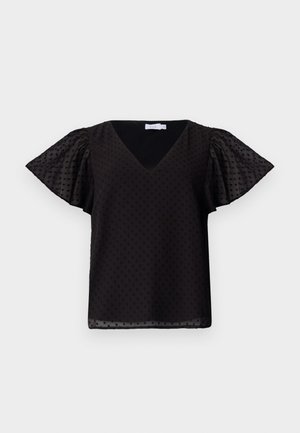 Schwarze V-Ausschnitt-Bluse mit kurzen, schwingenden Ärmeln, die ein strukturiertes Punkte-Muster aufweist. Hergestellt aus leichtem, halbtransparentem Stoff.