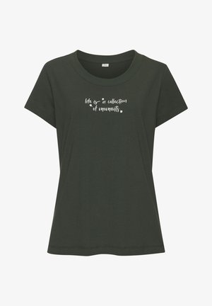 Dark green cotton t-shirt with a round neckline and short sleeves. Text printed in white: "life is a collection of moments" with floral accents.