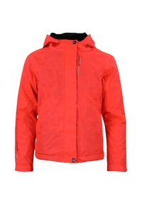 Giacca impermeabile rossa con cappuccio, dotata di chiusura frontale con zip, polsini elasticizzati e due tasche laterali. Texture liscia con dettagli minimi.