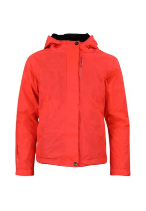 Veste imperméable rouge avec capuche, comportant une fermeture éclair sur le devant, des poignets élastiques et deux poches latérales. Texture lisse avec un minimum de détails.