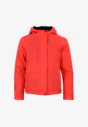 Giacca impermeabile rossa con cappuccio, dotata di chiusura frontale con zip, polsini elasticizzati e due tasche laterali. Texture liscia con dettagli minimi.