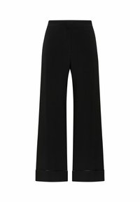 Pantaloni neri a gamba larga con una texture liscia, dotati di una vita elasticizzata e orli risvoltati. Design semplice senza decorazioni visibili.