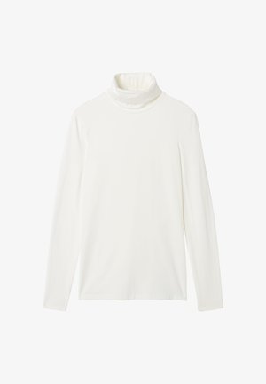 Haut à col roulé blanc à manches longues fabriqué en tissu doux et extensible, présentant un col haut et un design ajusté avec des manches longues. Sans motifs ni accents.