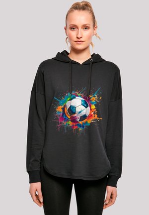 Black hoodie with a colorful, splash-style graphic of a soccer ball. Features long sleeves, a drawstring hood, and a curved hem.