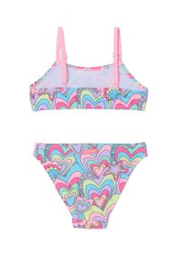 Set di bikini a due pezzi con un pattern colorato a cuori in rosa, blu e verde, dotato di sottili spalline rosa e comodo da indossare.