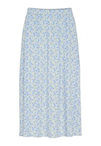 Fustă albastru deschis cu un model floral ce include flori galbene și albastre, realizată dintr-un material moale, cu o talie adunată și un design până la gleznă.