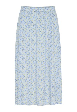 Ljusblå kjol med blommönster som har gula och blå blommor, tillverkad av ett mjukt tyg, med en rynkad midja och ankellång design.
