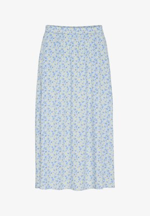 Lys blå nederdel med et blomsterprint, der har gule og blå blomster, lavet af et blødt stof, med en samlet talje og ankellængde.