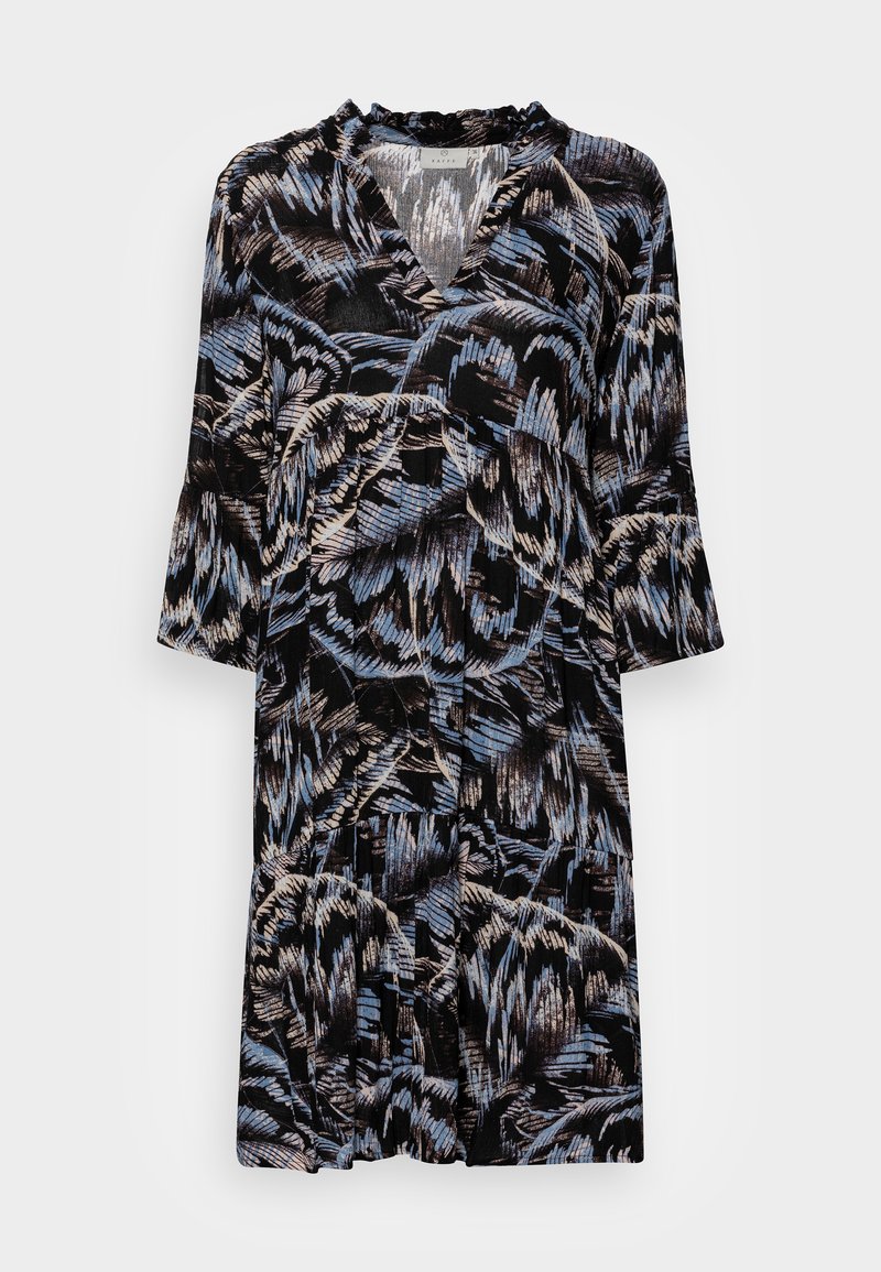 Vestido preto com decote em V, mangas três quartos, apresentando um padrão floral em tons de azul e bege, feito de material leve.