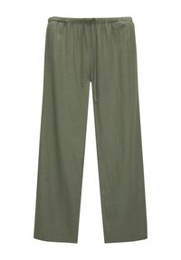 Pantalon léger, vert olive, à jambes larges avec une ceinture élastique et un cordon de serrage réglable. Texture lisse, design décontracté, sans motifs visibles.