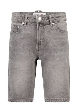 Grijze denim heren shorts met knoop aan de voorkant, riemlussen en zijzakken, afgebeeld op een witte achtergrond.