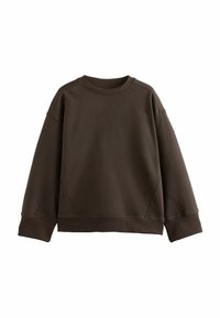 Dunkelbrauner Rundhalsausschnitt-Pullover mit langen Ärmeln und gerippten Bündchen und Saum, gegen einen weißen Hintergrund präsentiert.