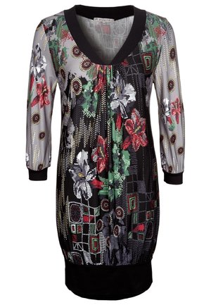 Robe à manches longues avec col en V, poignets noirs, motifs floraux et géométriques multicolores, et ourlet noir élastiqué.