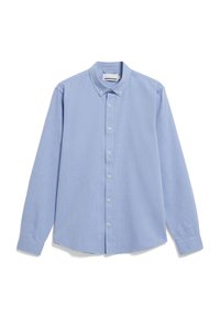 Light blue button-up shirt made of cotton, featuring a collar, long sleeves, and a small embroidered logo on the chest. Soft texture.