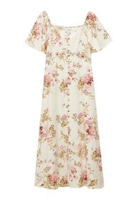 Robe midi crème avec un imprimé floral rose et beige, manches courtes bouffantes, décolleté carré et boutons sur le devant.