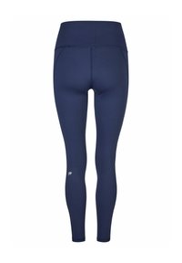 Marineblaue Leggings aus dehnbarem Material, mit einem hohen Taillenbund und einem kleinen Logo am Unterschenkel. Glatte Textur und taillierte Passform.