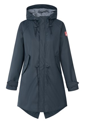 Water-resistant dark blue jacket with a hood, drawstrings, and striped interior lining. Features front pockets and a curved hem.