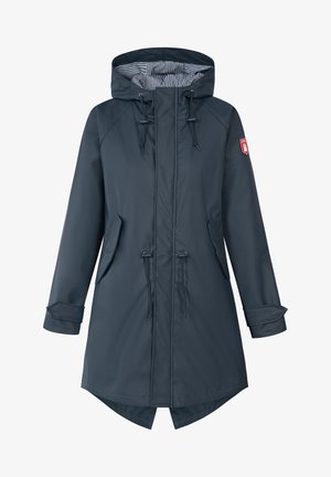 Water-resistant dark blue jacket with a hood, drawstrings, and striped interior lining. Features front pockets and a curved hem.