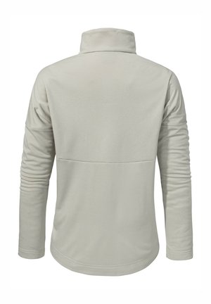 Hellgrauer Langarm-Pullover mit einem Schlauchkragen, glatter Textur und dezenten Nahtakzenten auf dem Rücken. Einfaches, schnörkelloses Design.