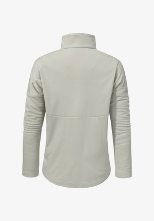 Hellgrauer Langarm-Pullover mit einem Schlauchkragen, glatter Textur und dezenten Nahtakzenten auf dem Rücken. Einfaches, schnörkelloses Design.