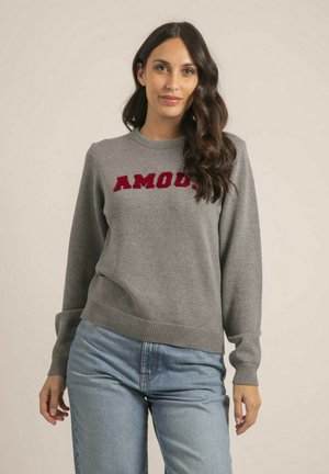 Pull gris avec un col et des poignets côtelés, arborant le texte brodé rouge "AMOUR" sur la poitrine, porté avec un jean bleu clair.