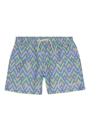 Bañador de hombre con estampado Chevron en tonos pastel verde, púrpura y melocotón, con pequeños motivos de calaveras blancas y cintura con cordón beige.
