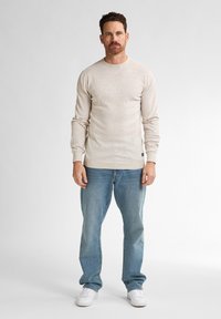 Lichtbeige lange mouwtrui met een gespikkelde textuur, gecombineerd met lichtblauwe spijkerbroek en witte sneakers, staande tegen een effen achtergrond.