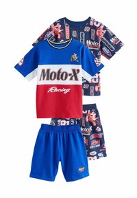 Set de tricou și pantaloni scurți pentru copii, de culoare roșie, albastră și bleumarin, prezentând grafică Moto-X, din material din bumbac, cu talie elastică.