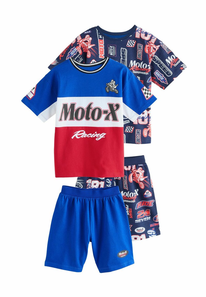 Set de tricou și pantaloni scurți pentru copii, de culoare roșie, albastră și bleumarin, prezentând grafică Moto-X, din material din bumbac, cu talie elastică.