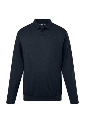 Tummansininen pitkähihainen poolopaita pehmeästä kankaasta, jossa on kolme napinläpeä, ribattu kaulus ja huomaamaton logo rinnassa.