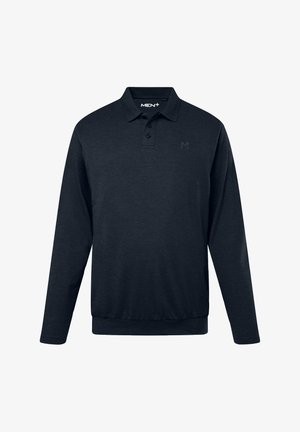 Dunkelblaues Langarm-Polohemd aus weichem Stoff, mit einer Dreiknopf-Leiste, geripptem Kragen und einem dezenten Logo auf der Brust.