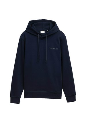 Sweat à capuche bleu marine en tissu doux avec poignets et ourlet côtelés. Présente un logo imprimé sur le devant. Cordons ajustables à la capuche.