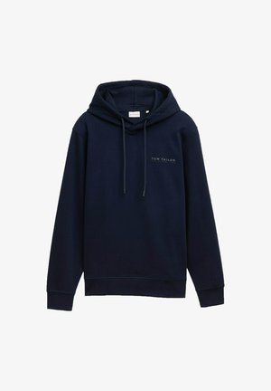 Temno modra jopa s kapuco iz mehkega blaga z rebrastim manšetom in spodnjim robom. Spredaj natisnjen logotip. Nastavljive vrvice na kapuci.