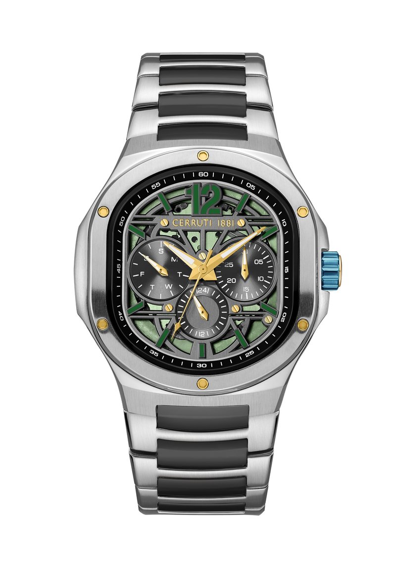 Orologio in acciaio inossidabile argento con quadrante scheletrato verde, dettagli neri, dettagli dorati e corona blu; presenta numeri audaci e quadranti secondari.