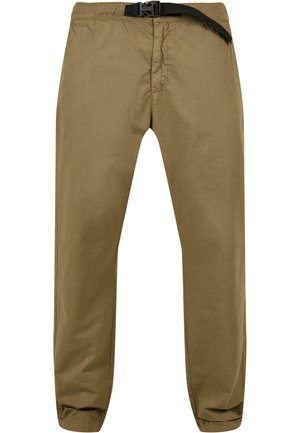 Khaki broek van katoenmix, met een elastische tailleband en een verstelbare zwarte riem, licht taps toelopende pijpen, en zonder zichtbare patronen.